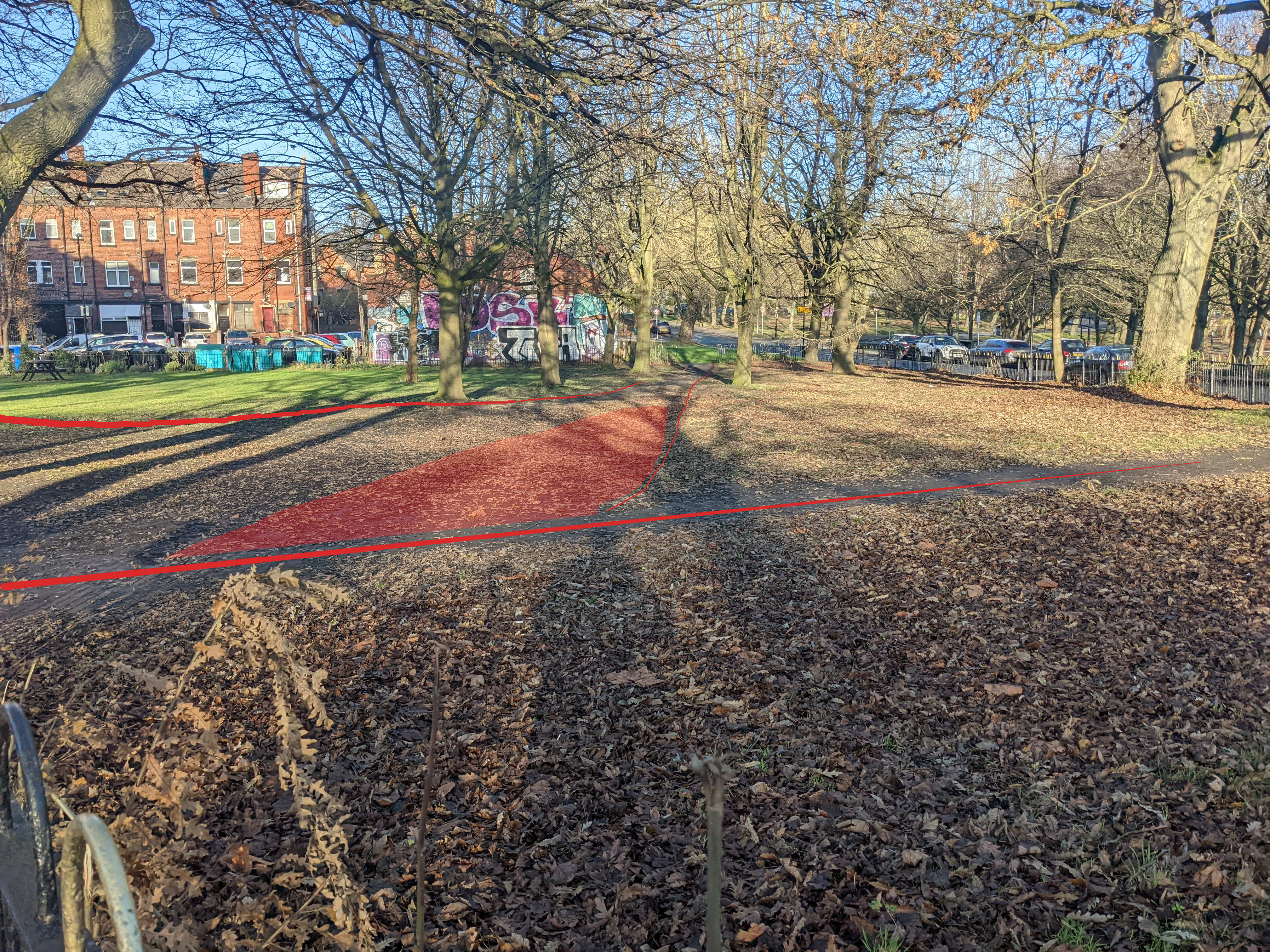 Red area: spectrum of paths walkers take to reach the other side of the
park