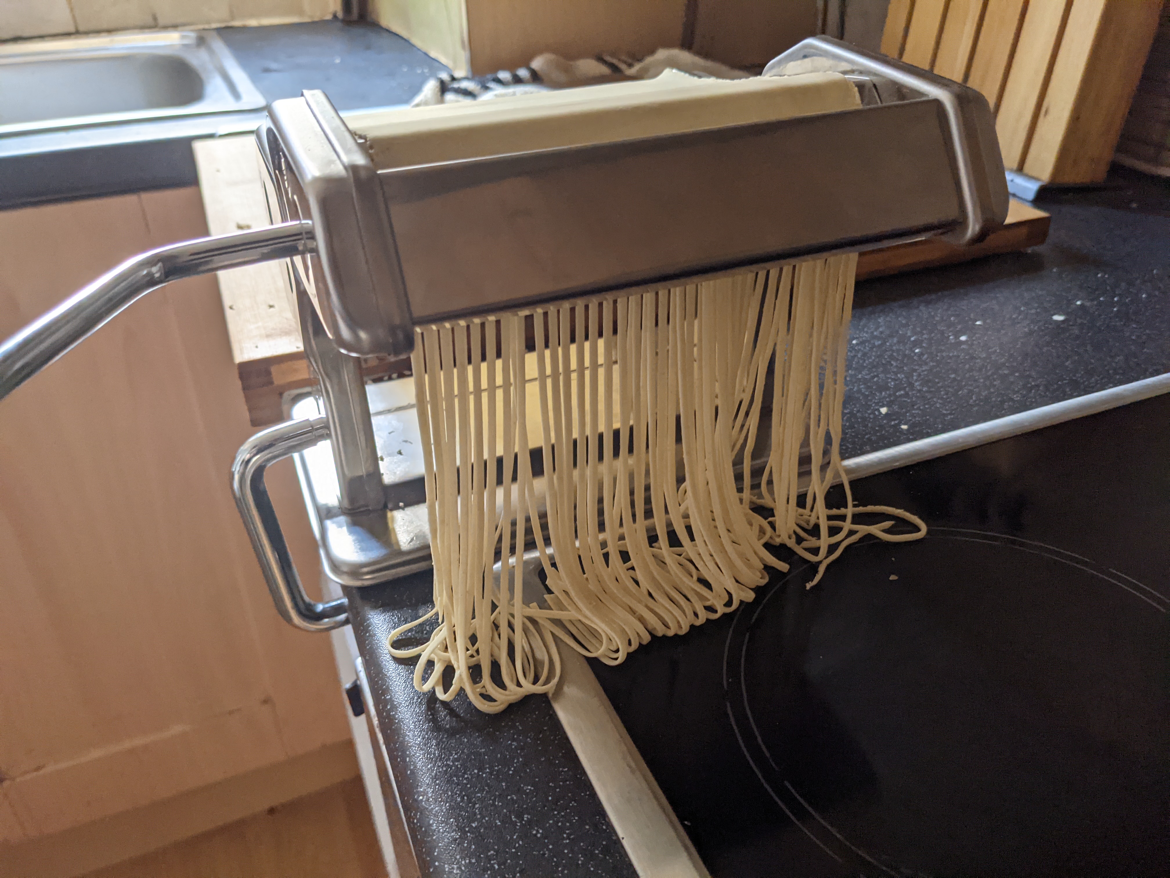 Noodles being cut with a pasta machine