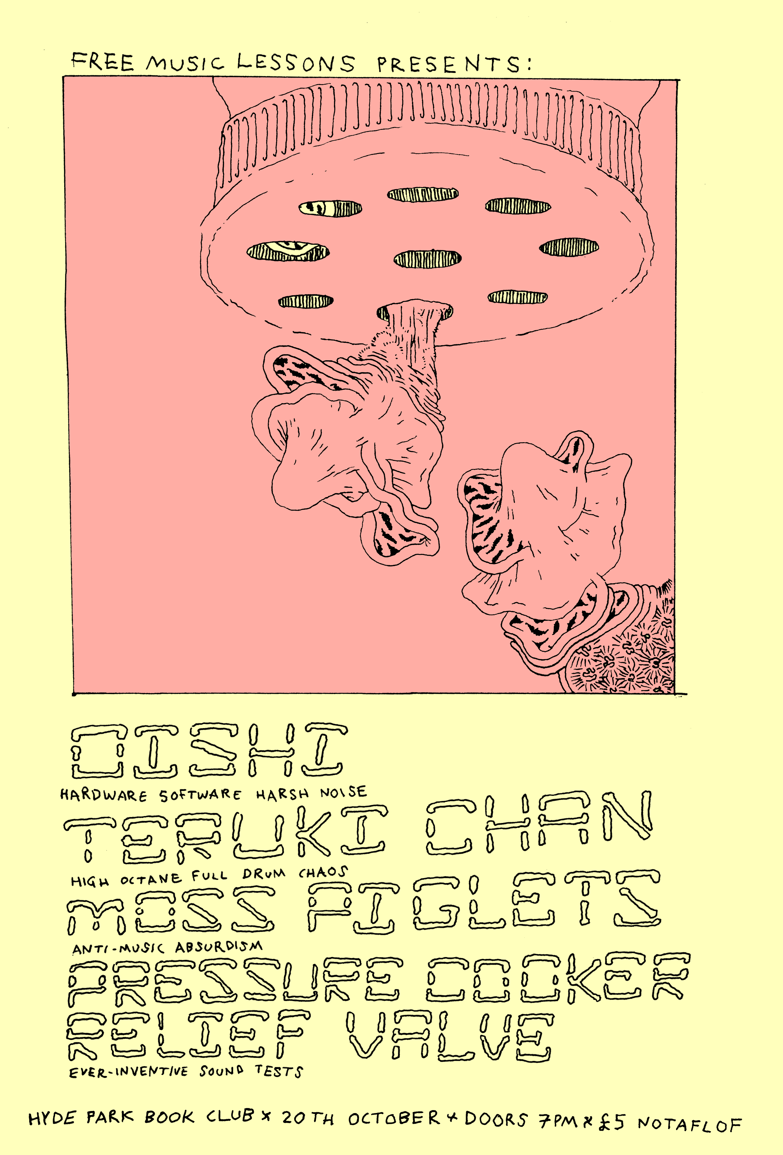 Event poster for Oishi, Teruki Chan, Moss Piglets, Pressure Cooker Relief Valve
